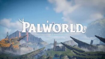 Palworld-logo-in-white-over-mountainous-region-blue-sky-trees-waterfalls-and-building